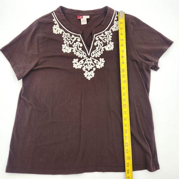 JM Woman Blouse Top Womens Plus Size 3X Brown Embroidered Short Sleeve Knit Boho - Picture 5 of 7